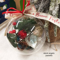 angelo pastello stelline e verde composizione pick pino pigna bacche rosse sfera pallina di plastica trasparente per albero di Natale idea regalo decorazioni addobbi nastro auguri buone feste