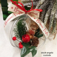 angelo custode rosso cuoricino composizione pick pino pigna bacche rosse sfera pallina di plastica trasparente per albero di Natale idea regalo decorazioni addobbi nastro auguri buone feste