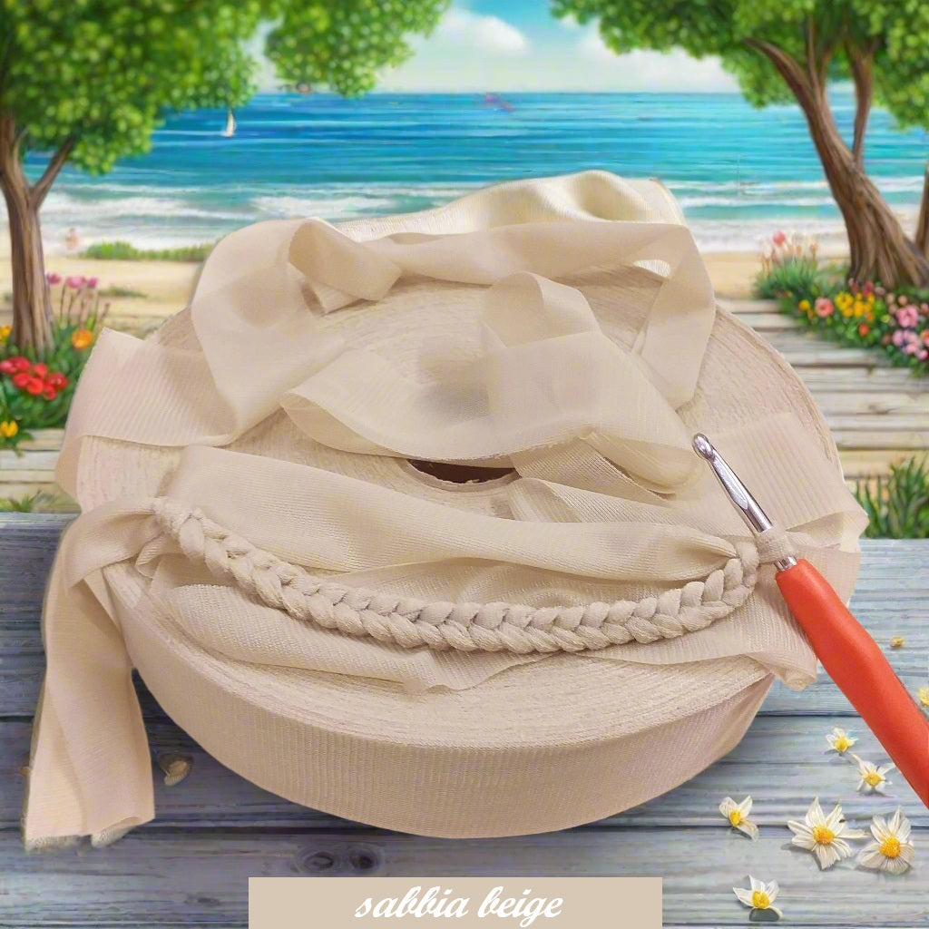 sabbia beige shop offerta vendita fettuccia stafil maglina jersey poliammide lycra soft-elastica colori estivi 2025 alta pizza larga piatta 4 cm uso borse uncinetto clutch bags crochet amigurumi cestini abbigliamento moda mare sacca sportina