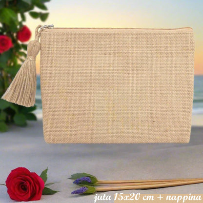 bustina sacchetto con cerniera e nappina, jute pouch pochette juta per borsa uncinetto da rivestire con filato cotone granny mattonelle o personalizzare scritte ricamo stampato applicazioni tessuto stoffa termoadesive strass paillettes lustrini passamaneria