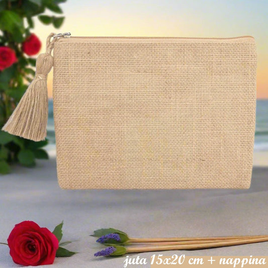 bustina sacchetto con cerniera e nappina, jute pouch pochette juta per borsa uncinetto da rivestire con filato cotone granny mattonelle o personalizzare scritte ricamo stampato applicazioni tessuto stoffa termoadesive strass paillettes lustrini passamaneria