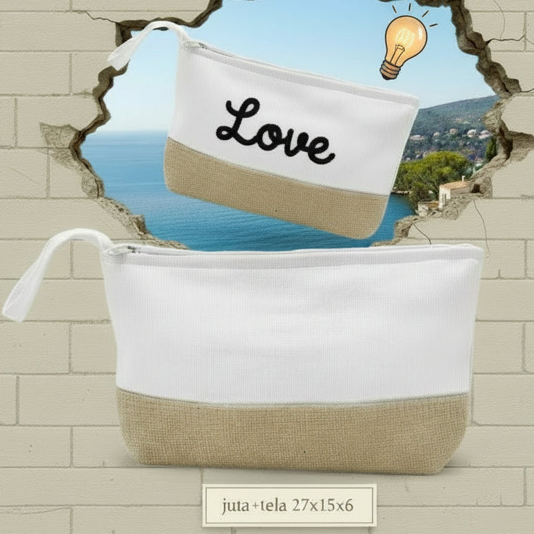 stafil 27 x 15 x 6 cm juta + tela bianca con cerniera pochette da mettere in una borsa uncinetto di rafia fettuccia o cordino adatta anche per tecnica macramè