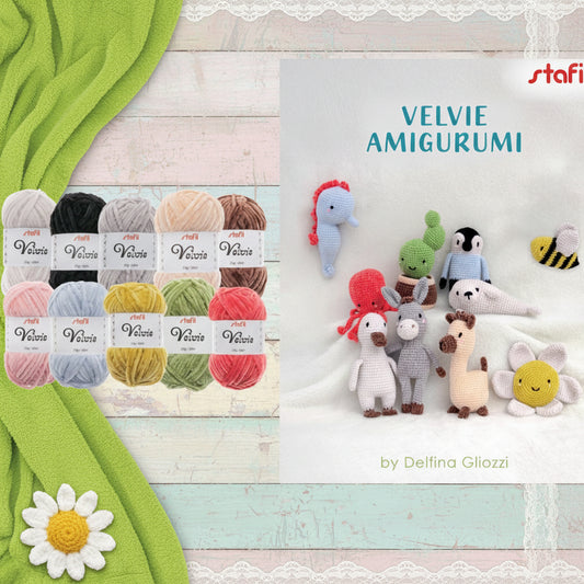 fiore di margherita e kit filato Velvie Stafil amigurumi ciniglia lana sottile 10 colori mini gomitolo 25 g con libretto manuale istruzioni per uncinetto di bambole animaletti marini ape foca pinguino alpaca polipo cavalluccio marino di filo
