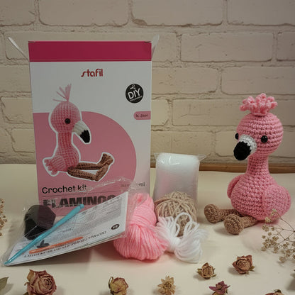 materiale e istruzioni per amigurumi flamingo fenicottero rosa kit uncinetto stafil per sferruzzare bambola di pupazzo animale con filato sintetico