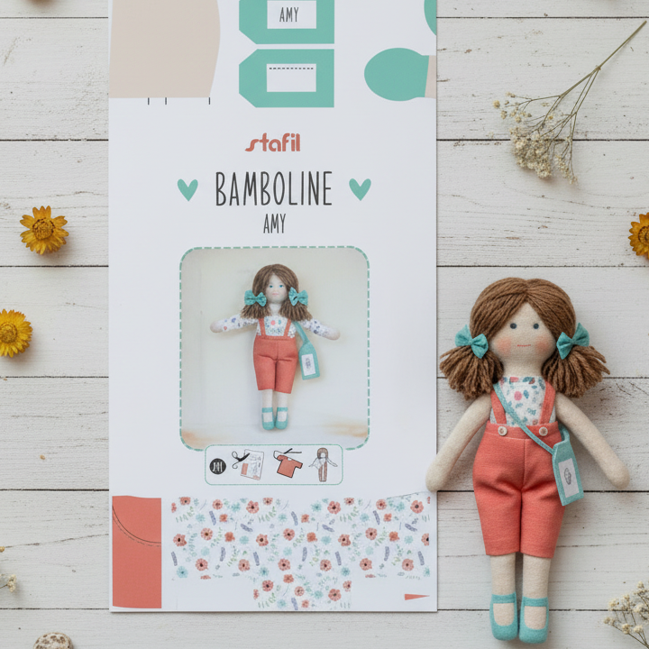 amy arancione pannello stoffa stampata dipinta disegnata con cartamodelli per cucito creativo Stafil bamboline fai da te kit bambola di pezza tessuto colorato