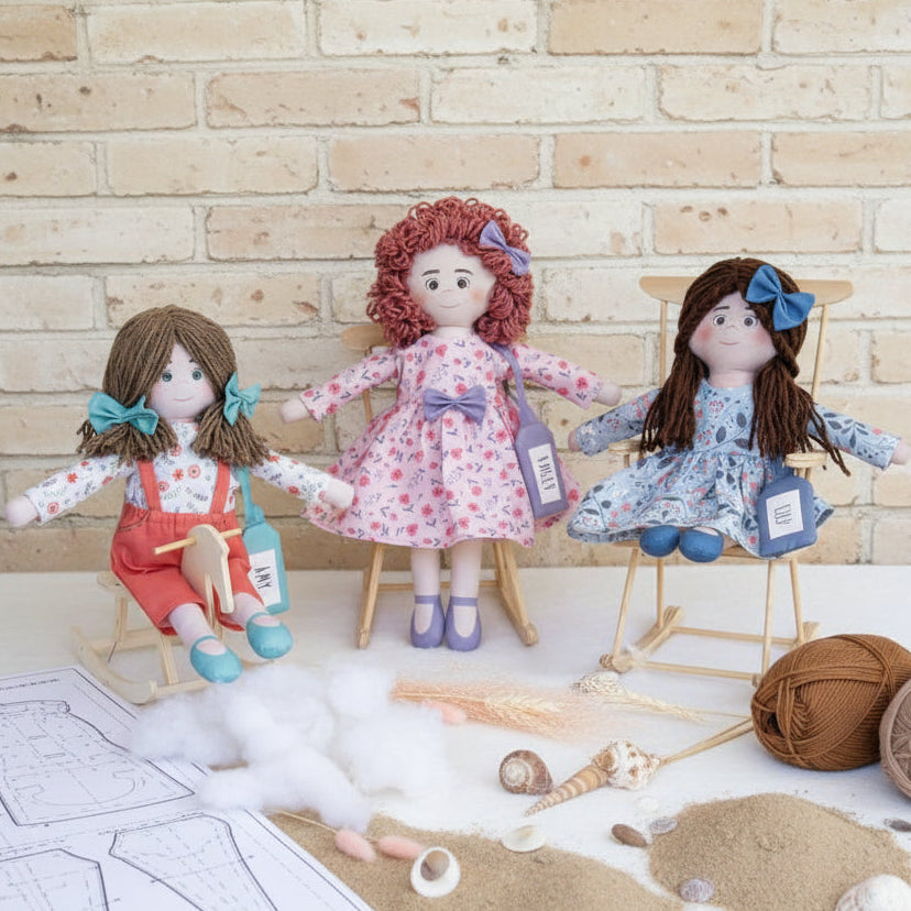 allestimento accessori ed esempi realizzati con pannello stoffa stampata dipinta disegnata con cartamodelli per cucito creativo Stafil bamboline fai da te kit bambola di pezza tessuto colorato