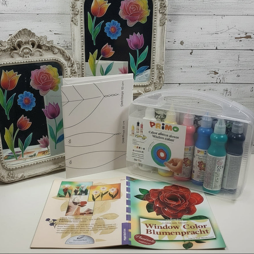 Cartamodelli tecnica Window color creare fiori per vetro finestre  specchio valigetta kit colori libretto disegni rose giunchiglie calle tulipani
