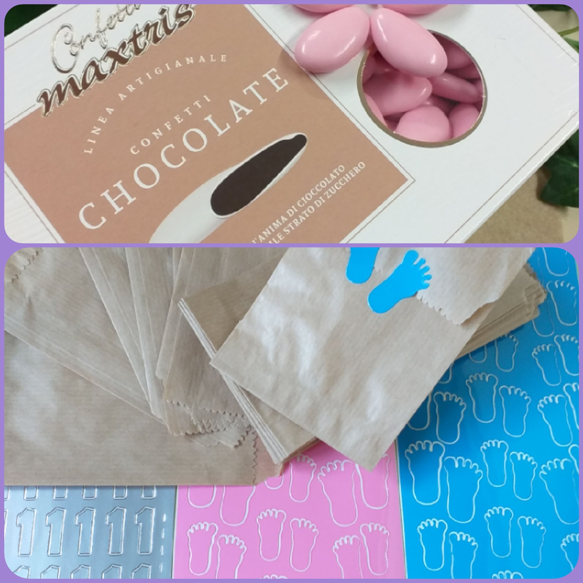 Maxtris Chocolate Confetti cioccolato fondente rosa confetteria fai da te bomboniere sacchettini carta per confettata nascita battesimo babyshower primo compleanno sticker piedini numero 1