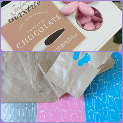 Maxtris Chocolate Confetti cioccolato fondente rosa confetteria fai da te bomboniere sacchettini carta per confettata nascita battesimo babyshower primo compleanno sticker piedini numero 1