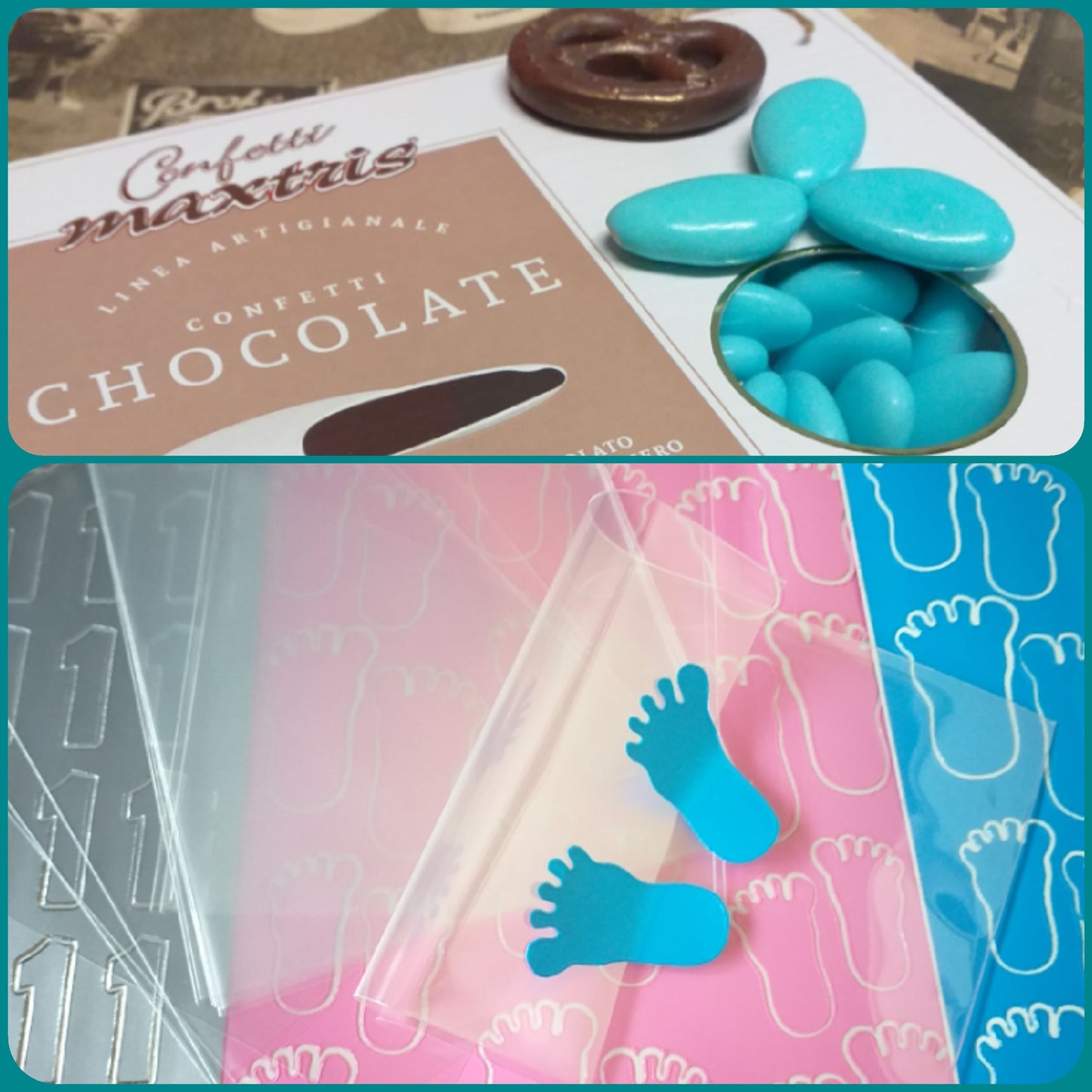 colore celeste azzurro kit confettata Battesimo nascita bimba bimbo sacchetti bustine trasparenti piedini orme numero 1 confetti cioccolato