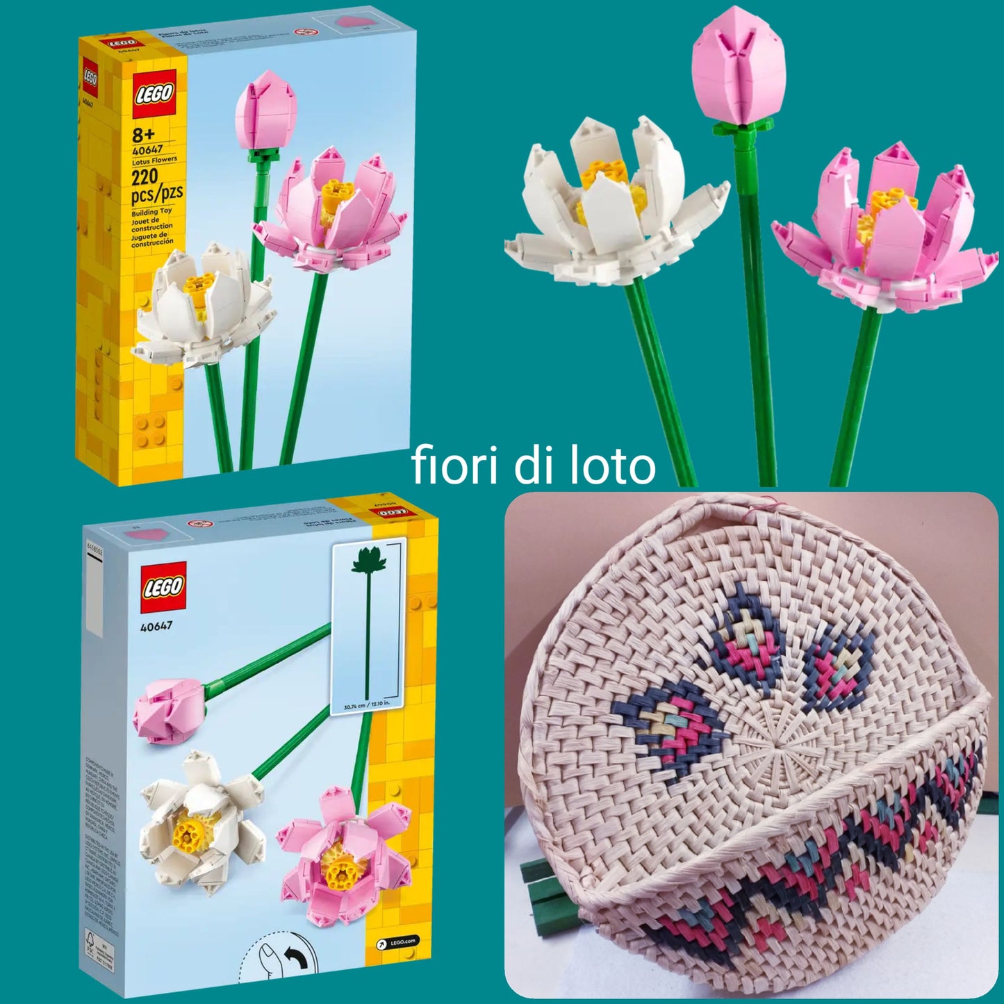 fiori di loto bocciolo bianco rosa kit costruzioni Lego mattoncini a partire da 8 anni di età per costruire composizioni floreali nel cesto