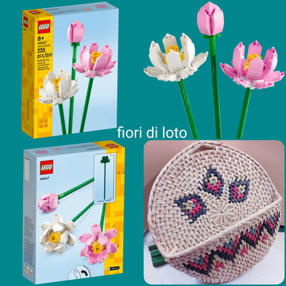 fiori di loto bocciolo bianco rosa kit costruzioni Lego mattoncini a partire da 8 anni di età per costruire composizioni floreali nel cesto