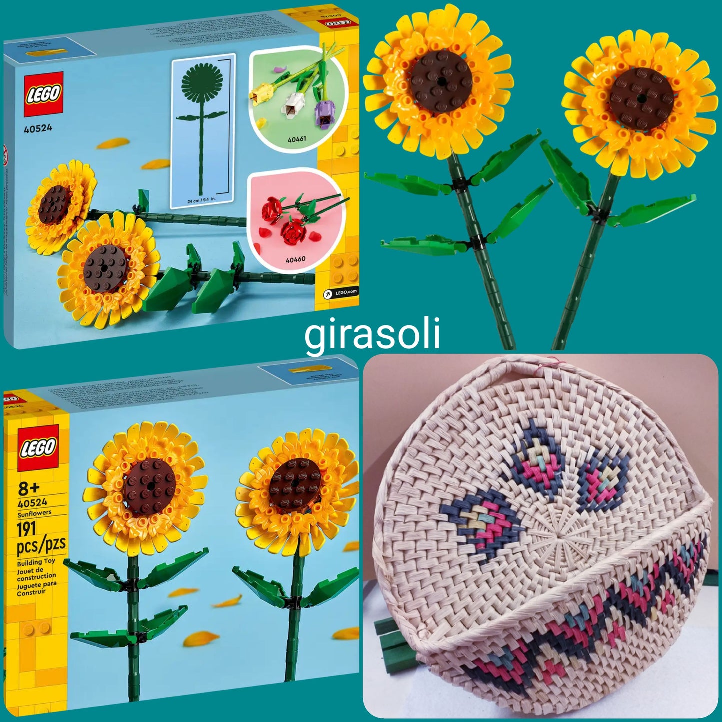 40524 girasoli stelo foglie kit costruzioni Lego mattoncini a partire da 8 anni di età per costruire composizioni floreali nel cesto