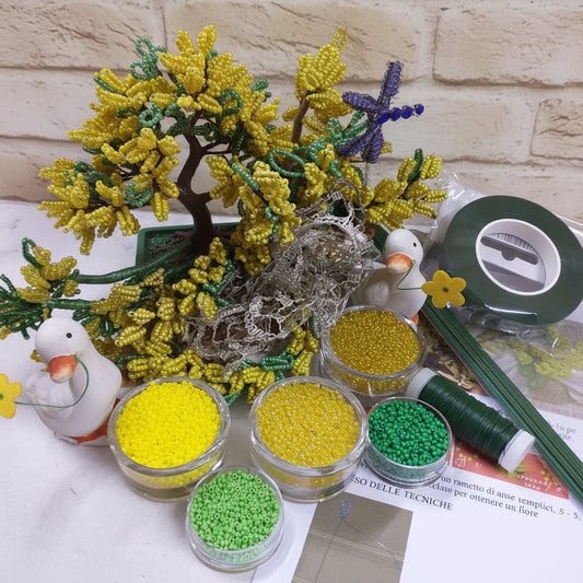 hobby perline vetro conteria veneziana di perle rocailles gialle verdi per creare mimosa kit fai da te papere bianche fili steli guttaperca stemtex verde istruzioni foto