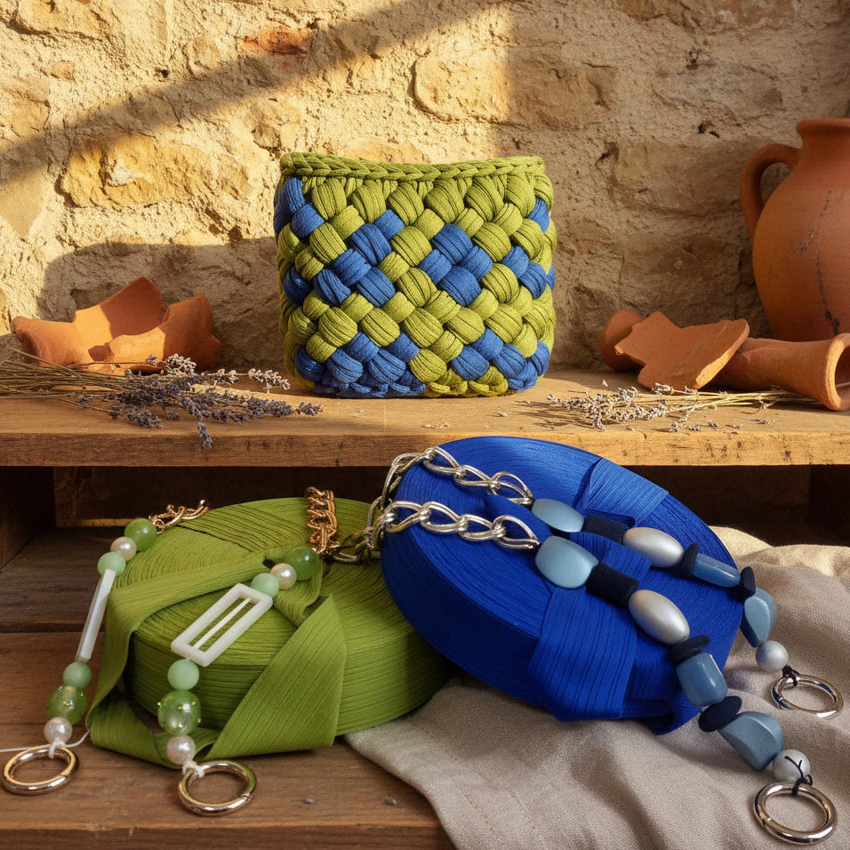 blu capri verde pistacchio kit manico gioiello perle bijoux e pizza fettuccia lycra elastica lavori uncinetto borse marshmallow punto puff