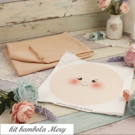 kit per creare pigottina bambolina pannello maglina cotone viso tessuto stampato dipinto colorato bambola di pezza stoffa e visetto disegnato faccina occhioni cuoricino