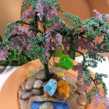 visione dall'alto perline verde lavanda lilla pulcini colorati materiale kit fai da te albero pianta bonsai glicine di perle rocailles vetro conteria veneziana