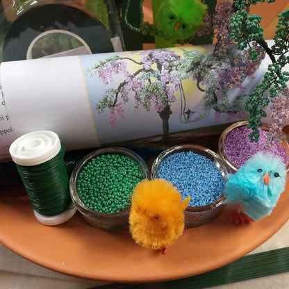 occorrente necessario creativo perline verde lavanda lilla filo istruzioni guttaperca steli pulcini colorati materiale kit fai da te albero pianta bonsai glicine di perle rocailles vetro conteria veneziana