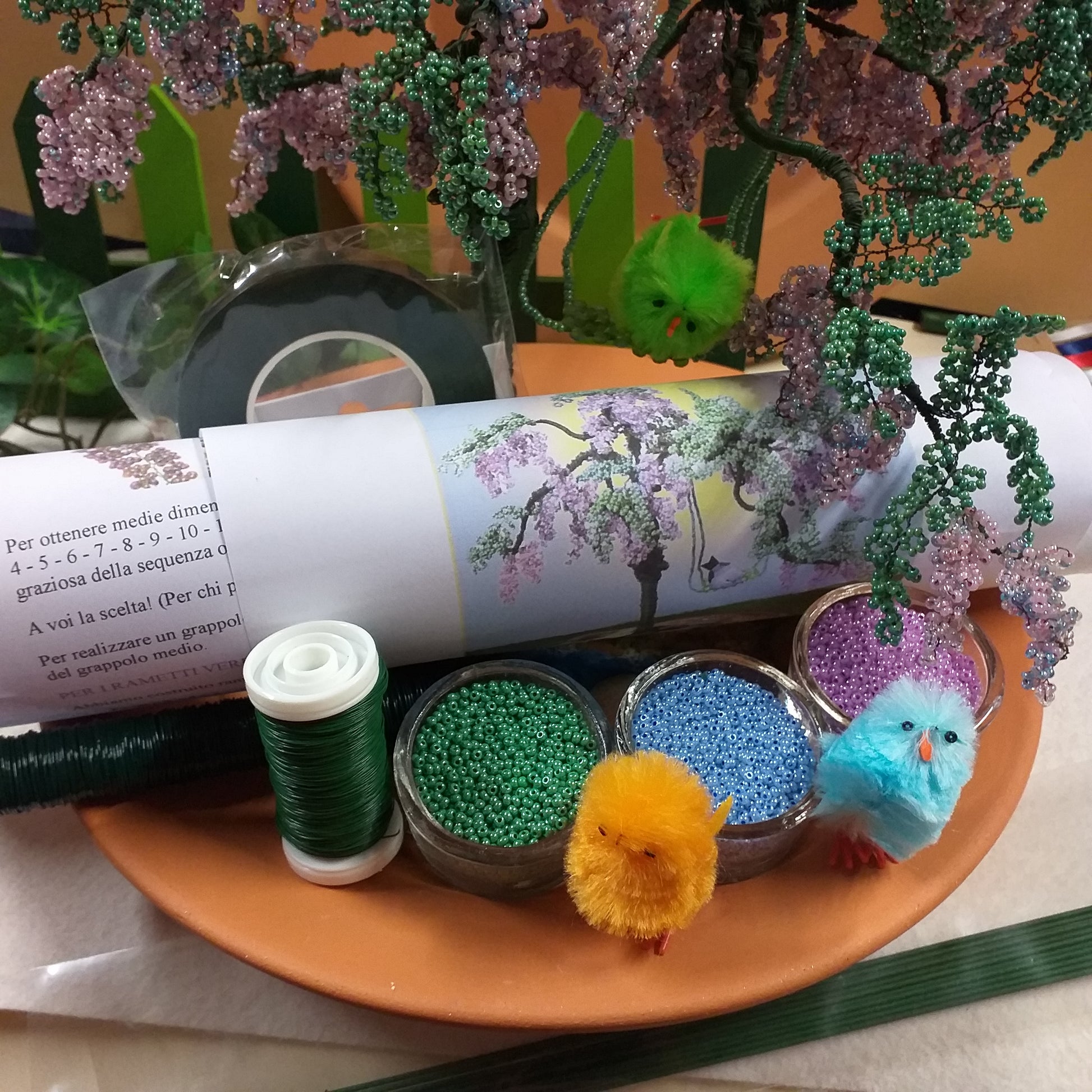 perline verde lavanda lilla filo istruzioni guttaperca steli pulcini colorati materiale kit fai da te albero pianta bonsai glicine di perle rocailles vetro conteria veneziana