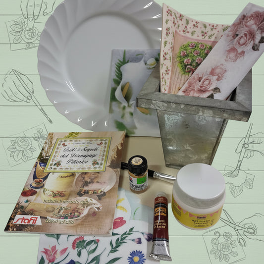 kit corso rapido di decoupage pittorico stafil tovaglioli carta di riso e tradizionali fiori rose vaso di latta piatto ceramica pennello colla colore acrilico dorato