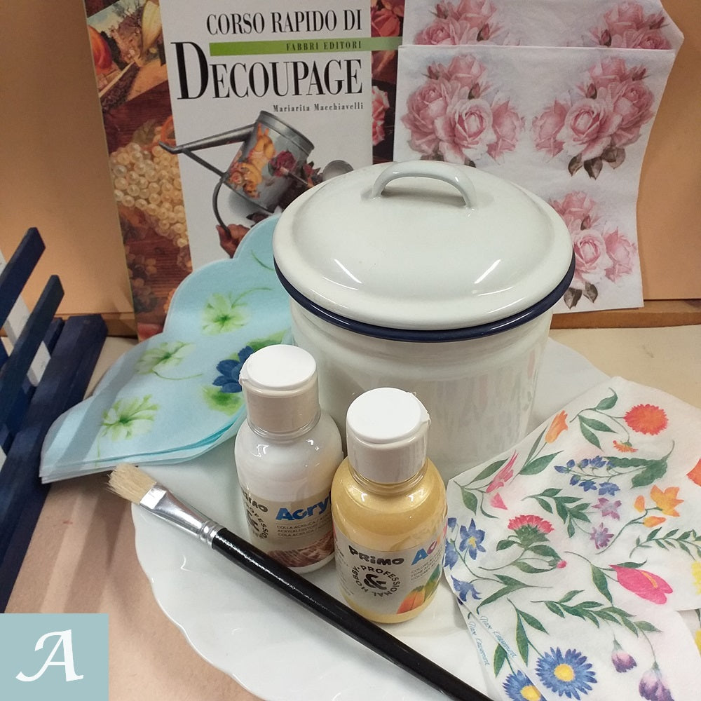 kit corso rapido di decoupage fabbri-stafil Mariarita Macchiavelli tovaglioli carta di riso e tradizionali fiori rose barattolo di latta piatto ceramica pennello colla colore acrilico dorato