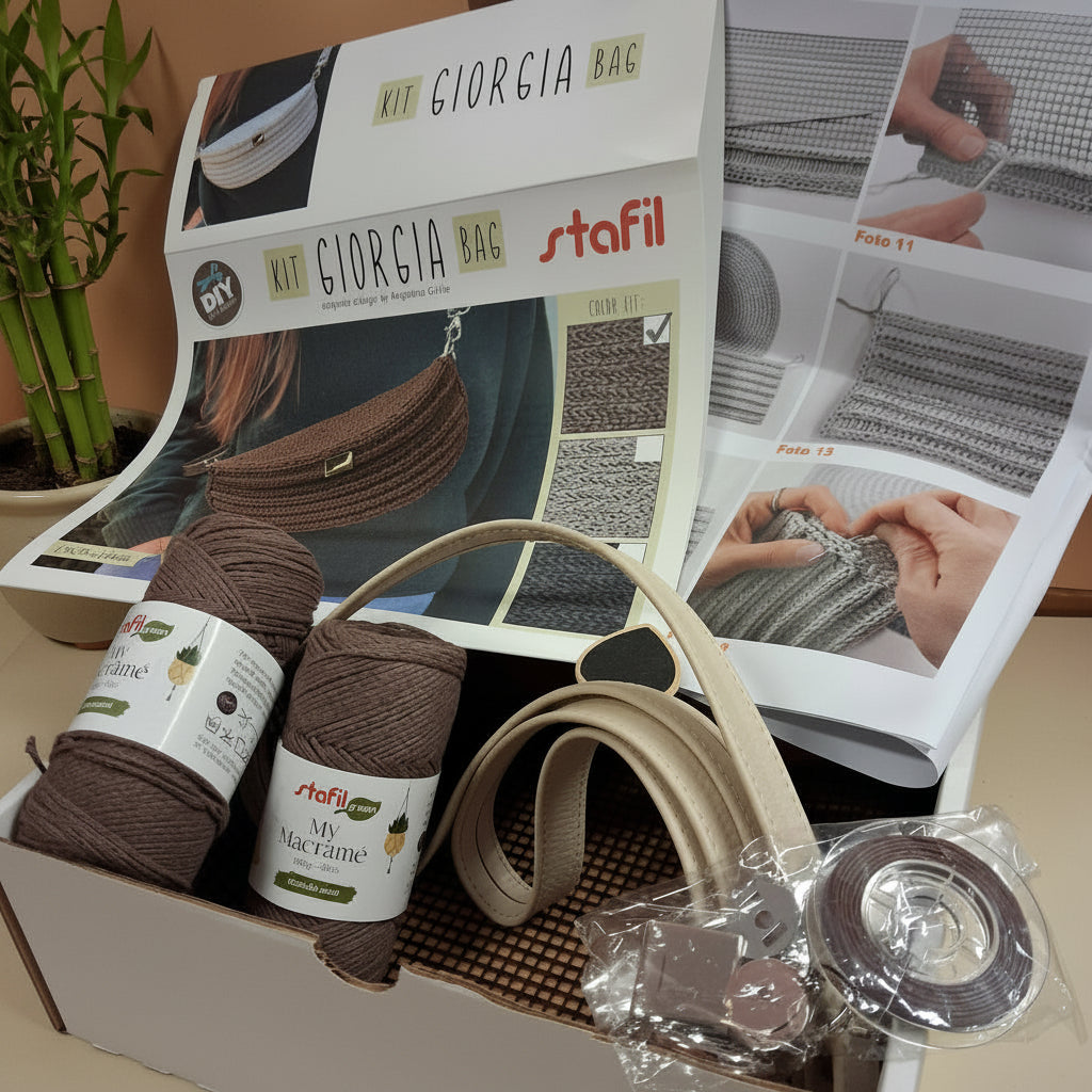 marrone caffè kit giorgia bag stafil diy color set per creare fai da te borse uncinetto forma marsupio tracolla set cordino e accessori macramè cordoncino chiusura rettangolare anelloni di minuteria rete canvas istruzioni tutorial fotografico