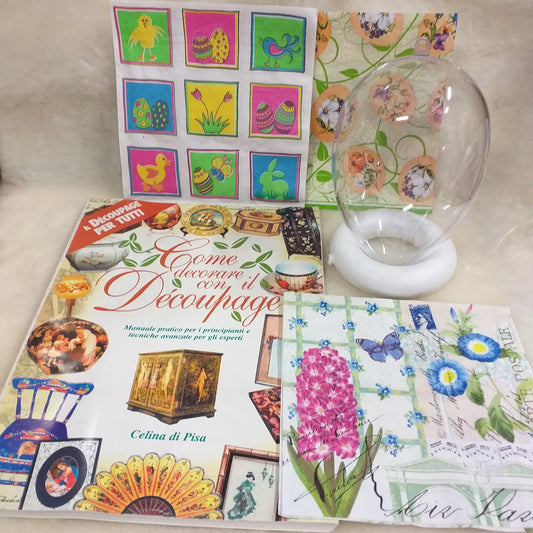 composizione materiale del kit decoupage pasquale manuale come decorare pratico principianti esperti tecnica tovaglioli di carta progetti su vetro cestini cartone