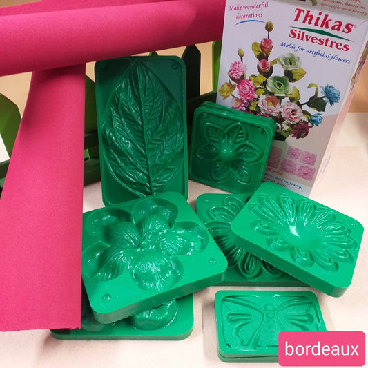 kit  bordeaux foglia grande giglio sepali margherita girasole gerbera rosa 5 petali farfalla 5 modelli di stampi formine sagome fustelle per fommy gomma crepla carta eva thikas renkalik rose fiori tecnica tessuto termico termomodellabile termoformabile