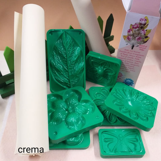 foto sulla scatola mazzo di tulipano silvestre fiorellini crema e kit foglia grande giglio sepali margherita girasole gerbera rosa 5 petali farfalla 5 modelli di stampi formine sagome fustelle per fommy gomma crepla carta eva thikas renkalik rose fiori tecnica tessuto termico termomodellabile termoformabile