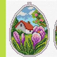 paesaggio campagna krokus kit completo uova pasquali ricamo punto croce fili schemi tela aida plastica sagome 8 x 11 cm disegnate stampate colorate fiori