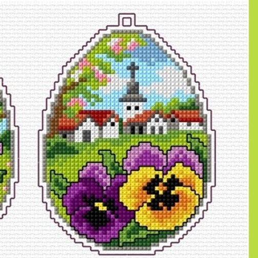 paesaggio campagna violette kit completo uova pasquali ricamo punto croce fili schemi tela aida plastica sagome 8 x 11 cm disegnate stampate colorate fiori