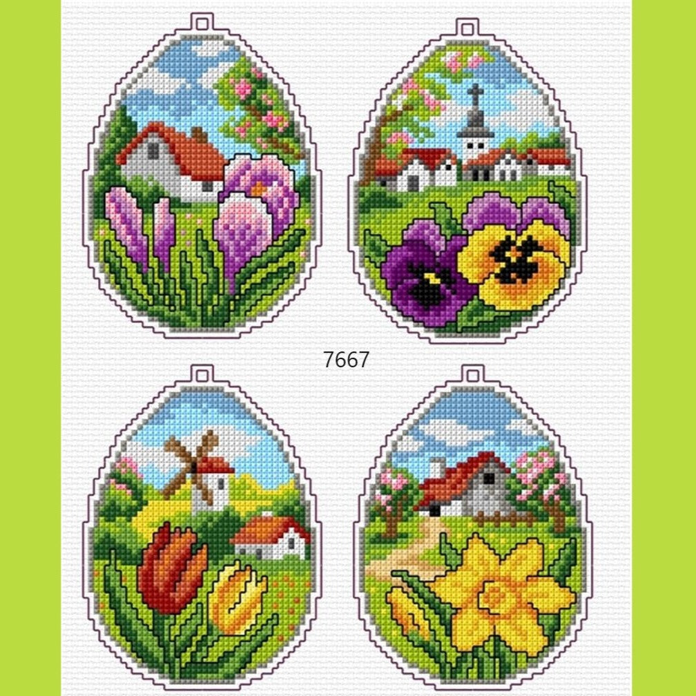 kit completo 4 uova pasquali ricamo punto croce fili schemi tela aida plastica sagome 8 x 11 cm disegnate stampate colorate fiori paesaggi di campagna