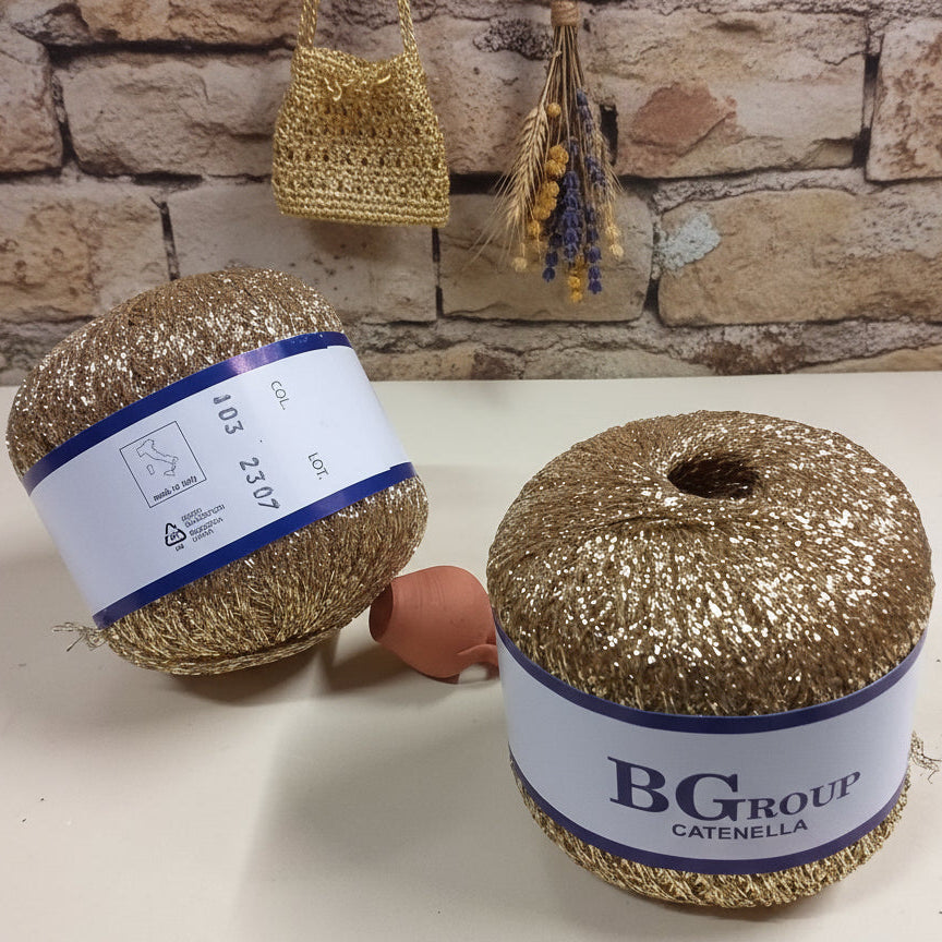 metal viscosa e poliestere metalliscente gomitolo 25 g BGroup filo catenella oro  dorato filato lurex lamè per uncinetto 2.5-3 ferri da calza per maglia