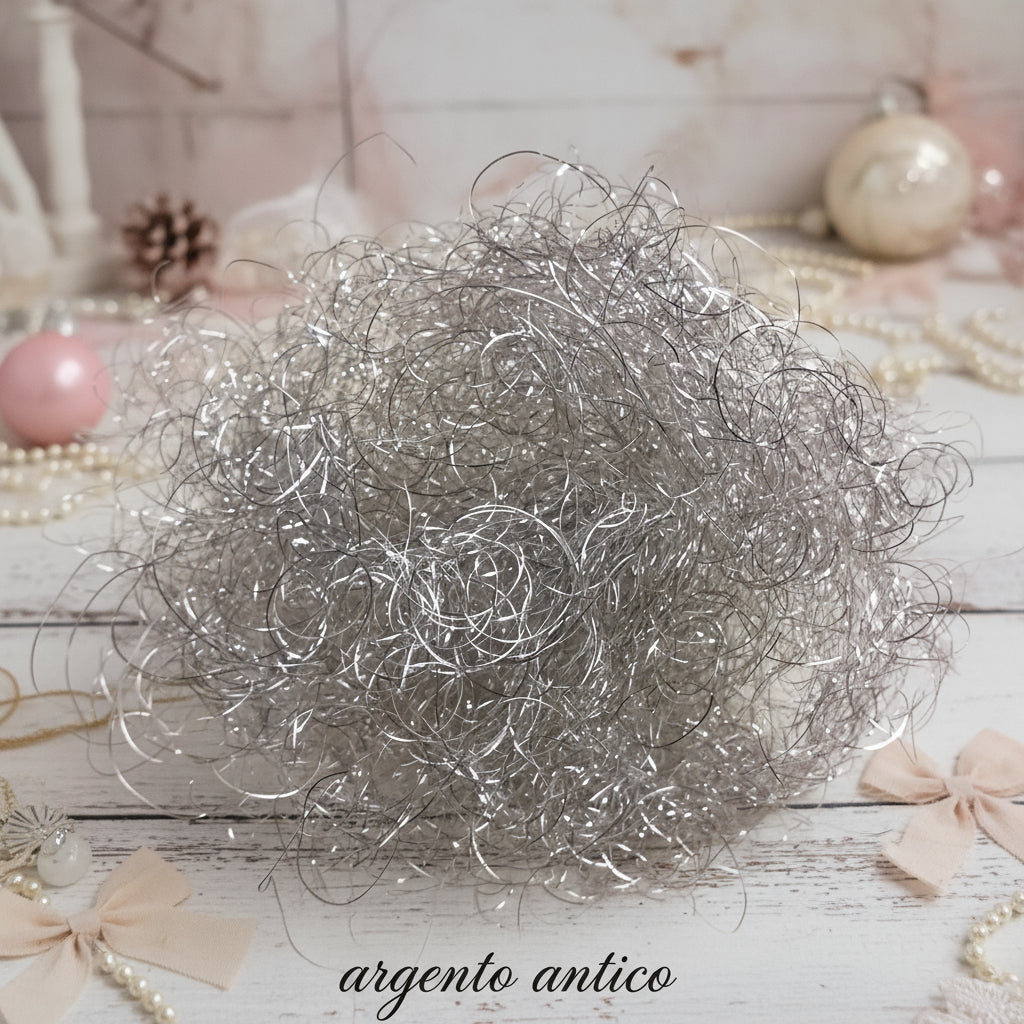 argentati capelli di angelo flowerhair angelhair lametta argento lurex per creazione bambole Natale angioletti natalizi acconciatura uso decorazioni vetrinistica fioristi composizioni centrotavola