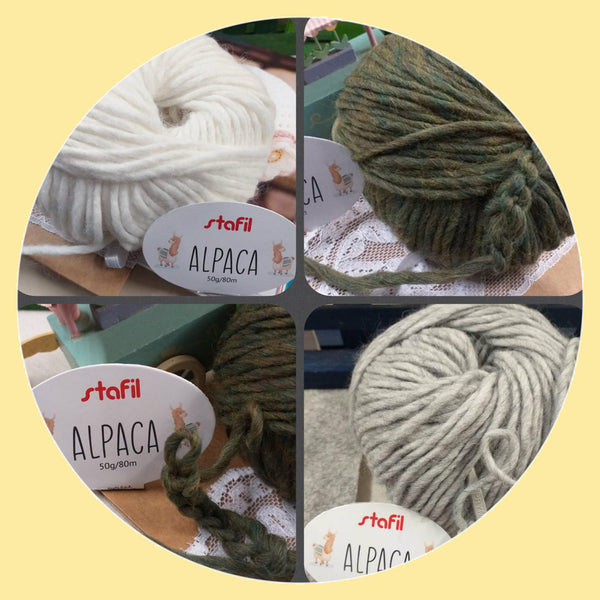 grigio bianco verde muschio gomitolo filo di lana alpaca grossa filato stafil per maglione cappello berretto sciarpa scaldacollo capelli bambole vetrina shop colori