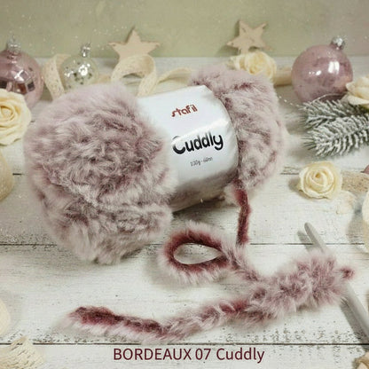 gomitolo filato Stafil Cuddly 108065-07 bordeaux rosato melange lana pelliccia pelosetto uncinetto ferri lavori a maglia uso fare a mano sciarpe berretti scaldacollo cappe stole mantelle