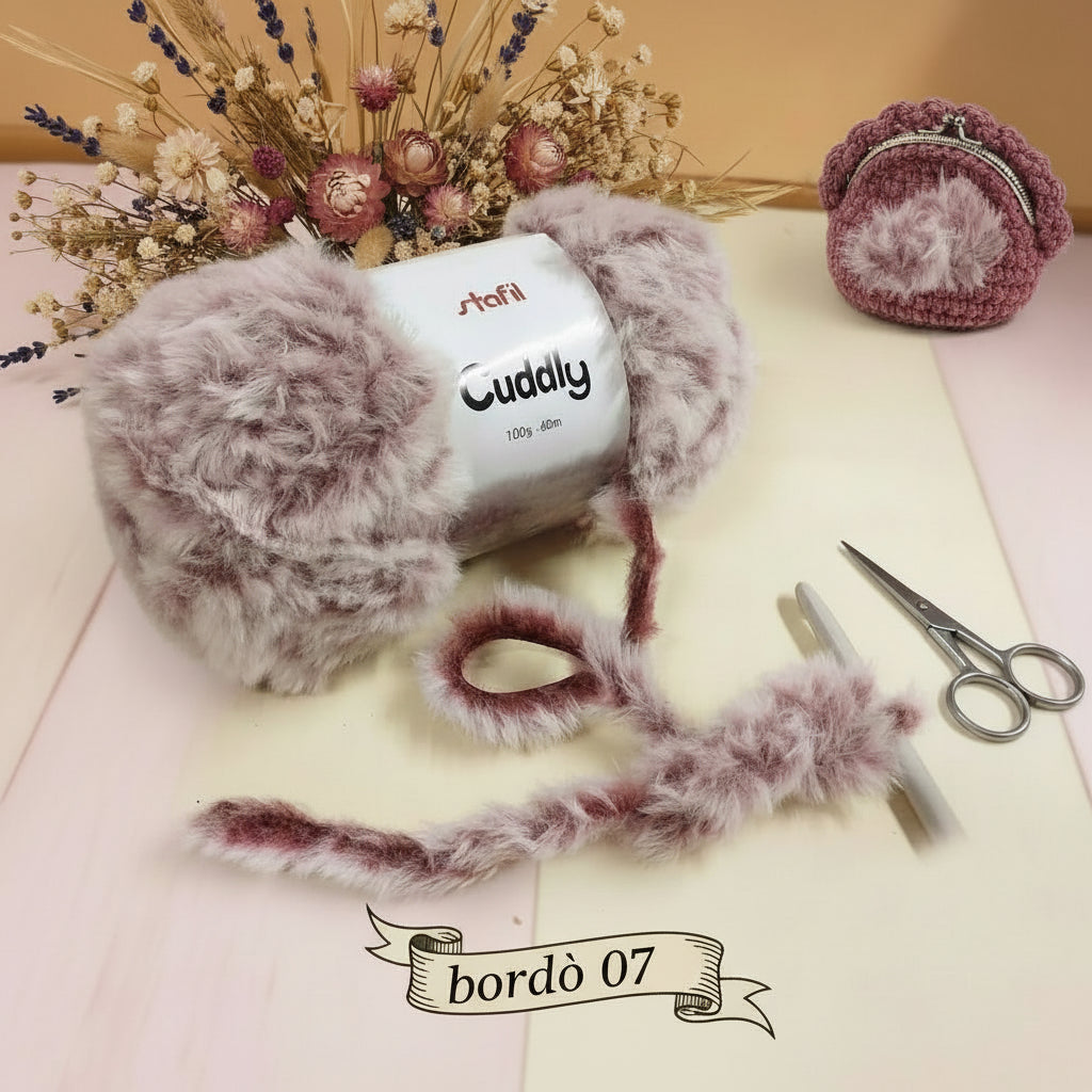 gomitolo filato Stafil Cuddly 108065-07 bordeaux rosato melange lana pelliccia pelosetto teddy simil fur uncinetto ferri lavori a maglia uso fare a mano sciarpe berretti scaldacollo cappe stole mantelle