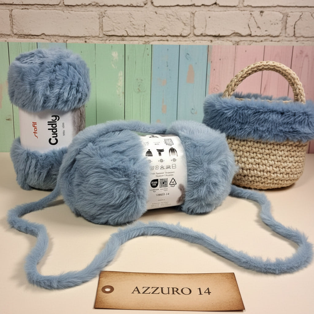vetrina azzurro 14, 100 g 60 metri stafil cuddly lana pelliccia filato pelosetto pelliccetta peluche per borsa uncinetto modello pochette o clutch cestino di fettuccia beige con bordo