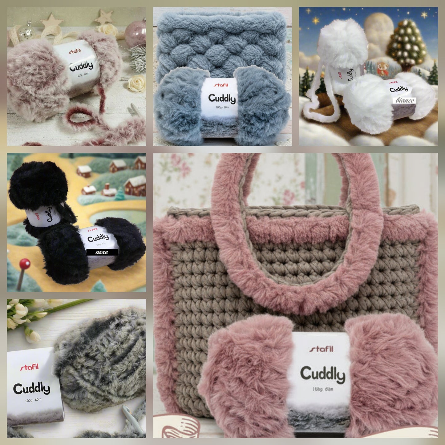 vetrina colori bianco rosa nero bordeaux stafil cuddly lana pelliccia filato pelosetto pelliccetta peluche per borsa uncinetto modello pochette o clutch uso stola scaldacollo pupazzi invernali bambole di pezza natalizie