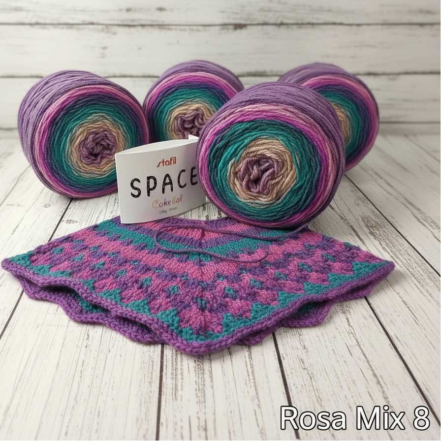 rosa viola turchese lana acrilica Space Stafil cake ball colori maxi gomitolo multicolore sfumata caramella per uncinetto e lavori a maglia idea sferruzzare poncho bimba