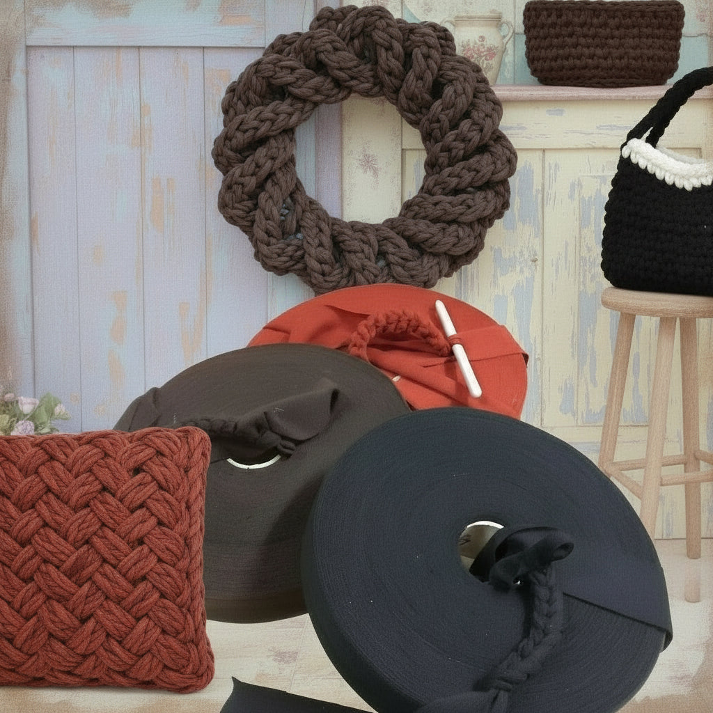 vetrina maglia e uncinetto con filato di fettuccia lanetta Stafil maglina nero marrone scuro e bruno rossiccio, idee per sferruzzare cuscini fuoriporta ghirlande cestini borse con peluche