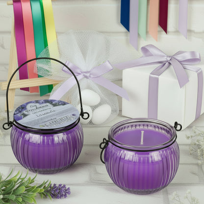 lavanda candele bomboniere profumate vasetto barattolo coppa forma lanterna di vetro colorato lilla confezionate confetti scatole matrimonio prima comunione cresima scelta colori nastrini