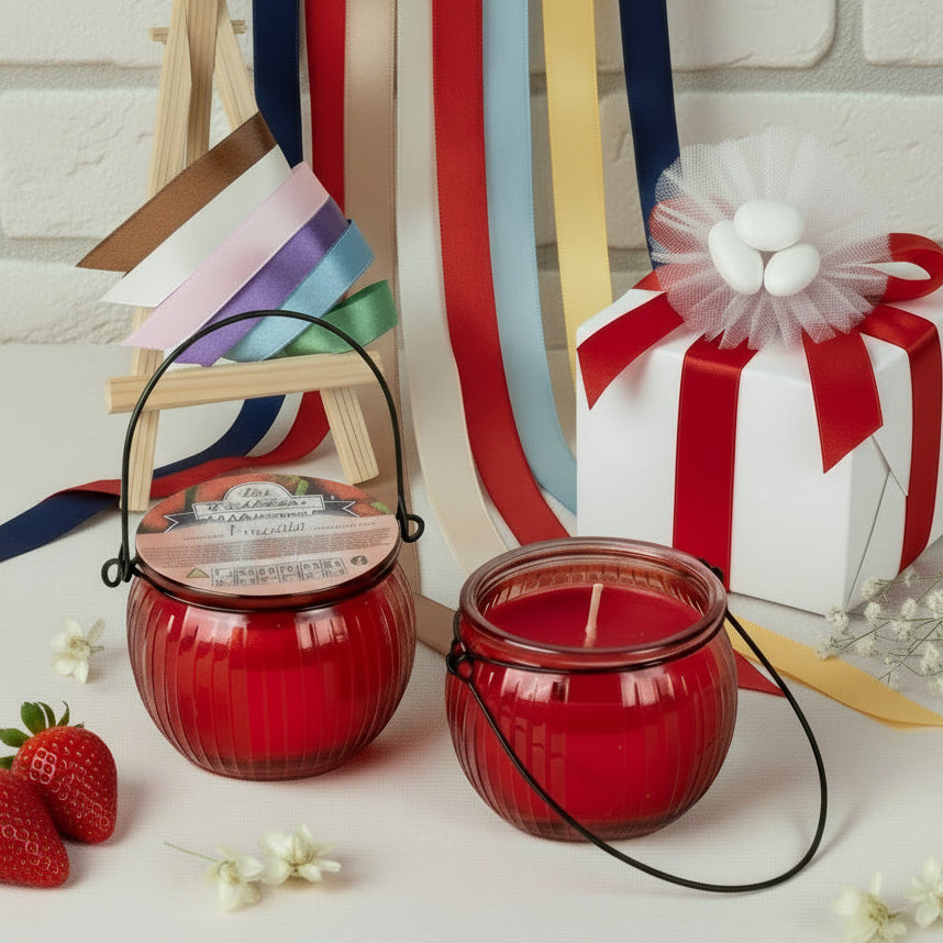 fragola candele bomboniere profumate vasetto barattolo coppa forma lanterna di vetro colorato rosso confezionate confetti scatole matrimonio prima comunione cresima scelta colori nastrini
