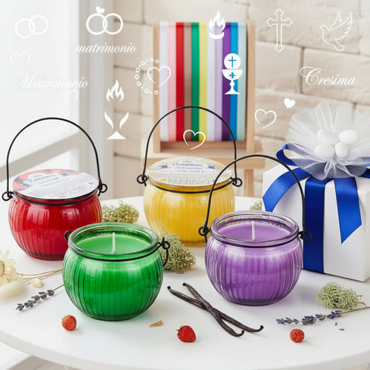 fragola vaniglia lavanda muschio candele bomboniere profumate vasetto barattolo coppa forma lanterna di vetro colorato rosso verde giallo lilla confezionate confetti scatole matrimonio prima comunione cresima scelta colori nastrini
