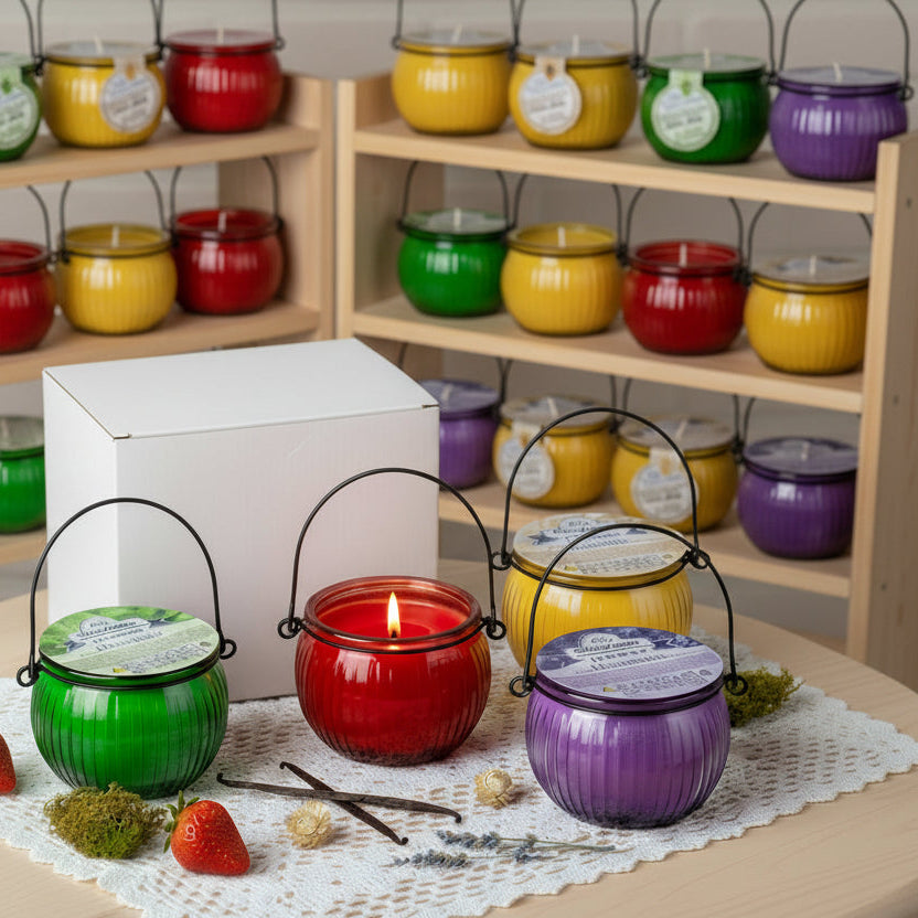 fragola vaniglia lavanda muschio candele bomboniere profumate vasetto barattolo coppa forma lanterna di vetro colorato rosso verde giallo lilla da confezionare scatole matrimonio prima comunione cresima