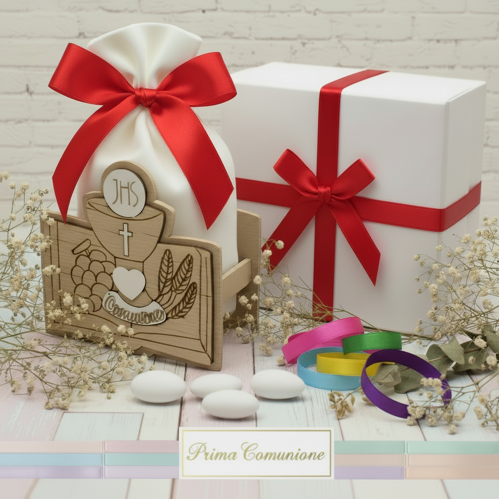 rosso e scelta colori confezionamento sacchetto con Calice Vangelo spighe uva legno immagini sacre icone bomboniere Comunione Cresima confetti bigliettino nastro confezionate scatola e nastrino