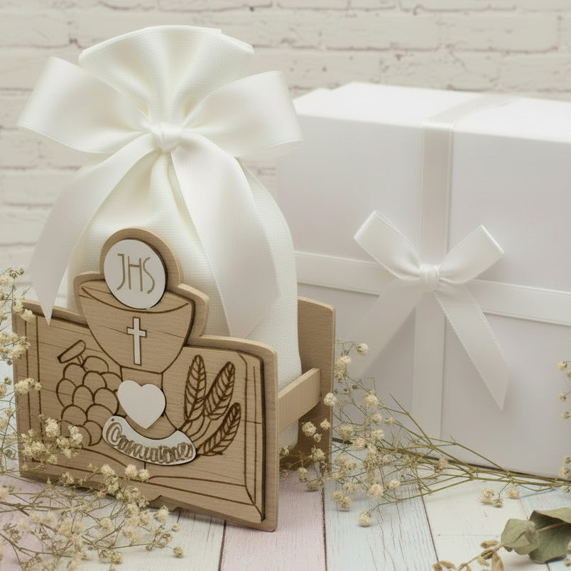 bianco confezionamento sacchetto con Calice Vangelo spighe uva legno immagini sacre icone bomboniere Comunione Cresima confetti bigliettino nastro confezionate scatola e nastrino