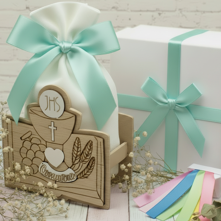 tiffani-chiaro scelta colori confezionamento sacchetto con Calice Vangelo spighe uva legno immagini sacre icone bomboniere Comunione Cresima nastro confezionate scatola e nastrino