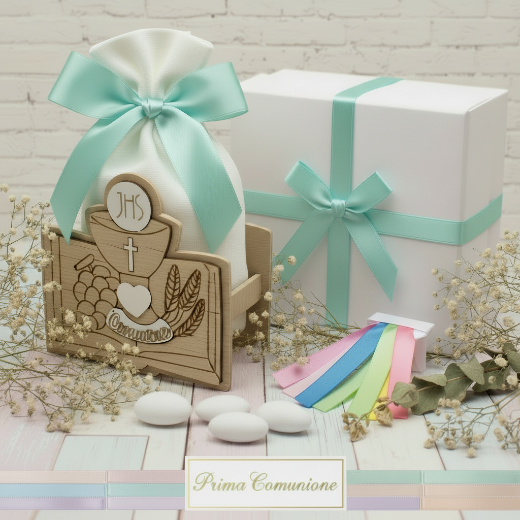 tiffani-chiaro scelta colori confezionamento sacchetto con Calice Vangelo spighe uva legno immagini sacre icone bomboniere Comunione Cresima confetti bigliettino nastro confezionate scatola e nastrino