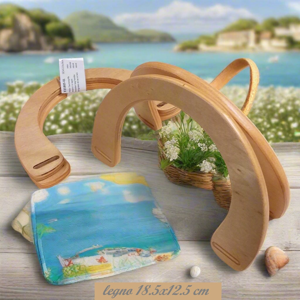 coppia manici legno forma mezzaluna maniglie per borsette accessori fai da te uso chiusure borse uncinetto artigianali fatte a mano con fettuccia cordini thai cordoncini macramè rafia tessuto feltro velluto